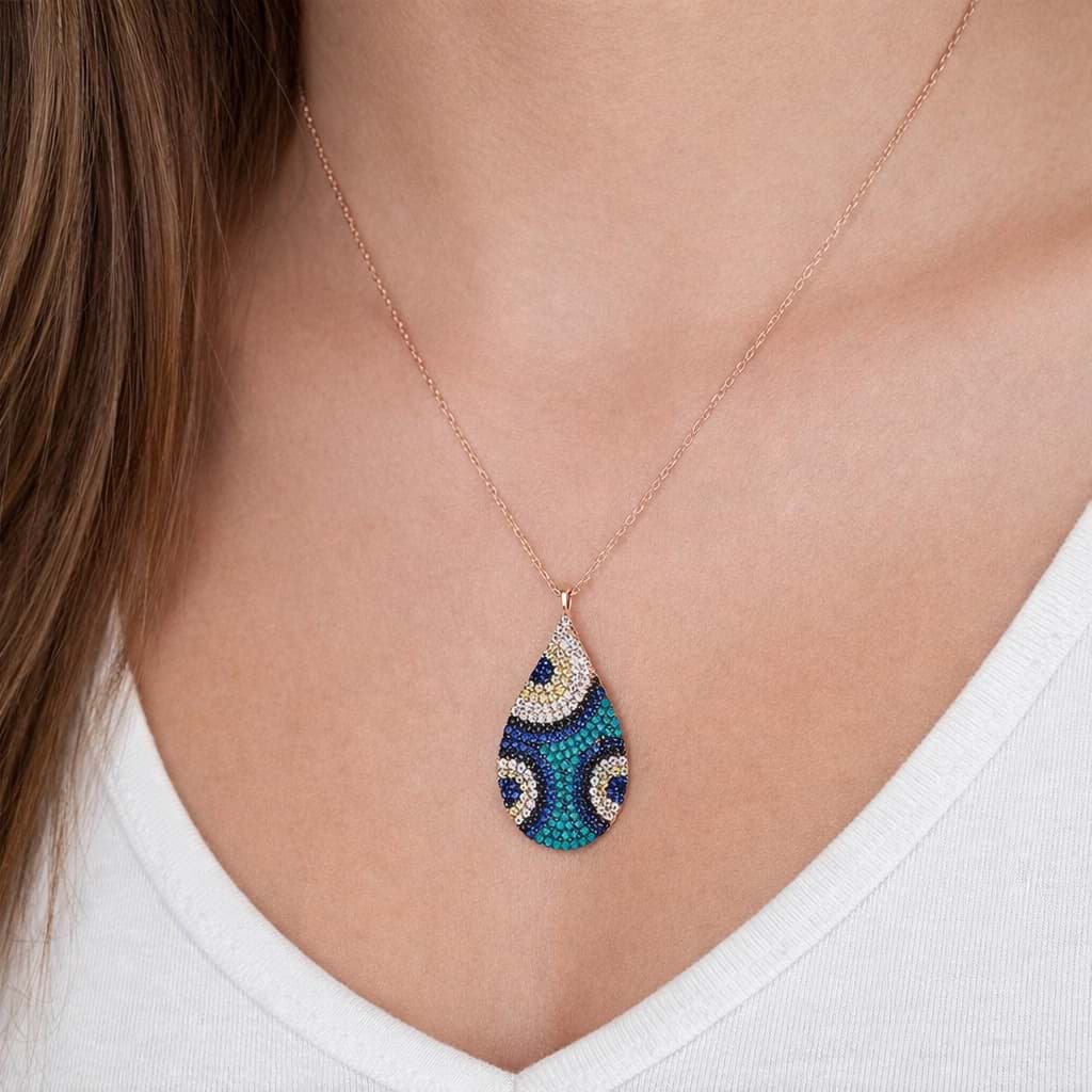 Roze Rengi Damla Nazar Desenli Taşlı Kadın Gümüş Kolye resmi