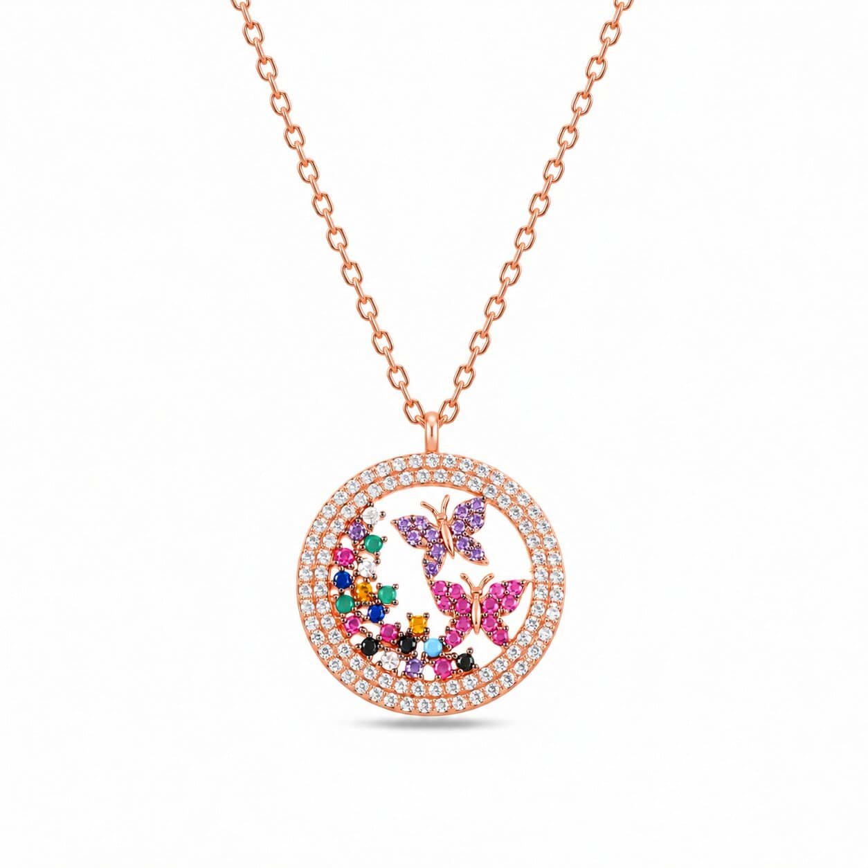 Renkli Kelebek Tasarımlı 925 Ayar Gümüş Rose Gold Kadın Kolye resmi