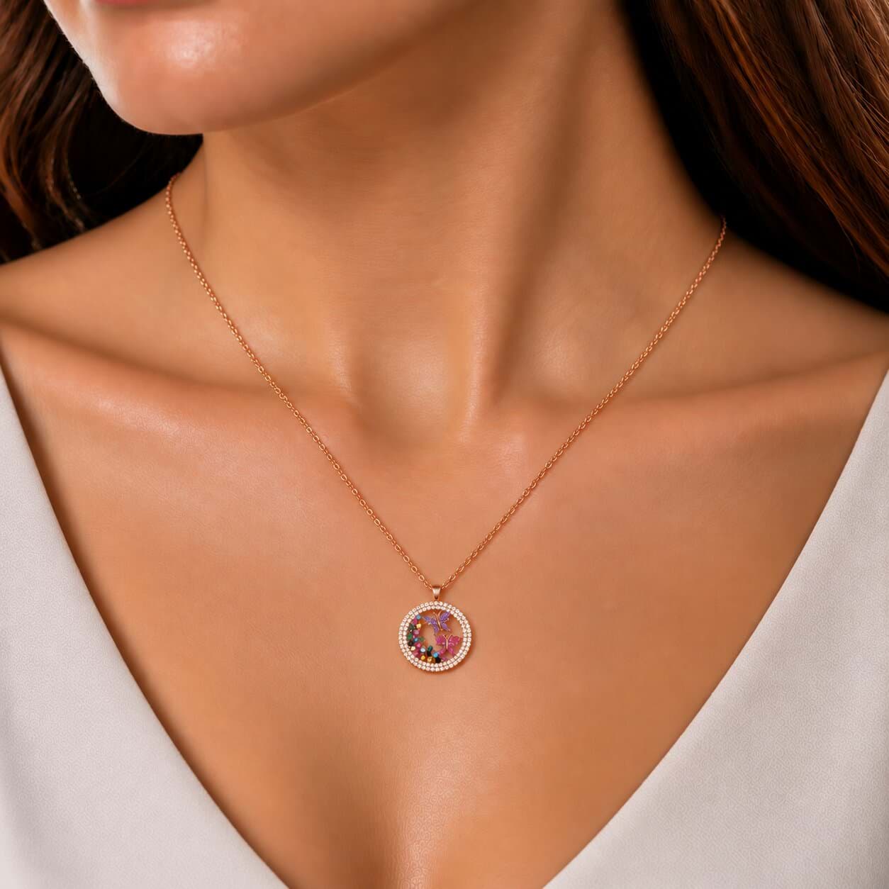Renkli Kelebek Tasarımlı 925 Ayar Gümüş Rose Gold Kadın Kolye resmi