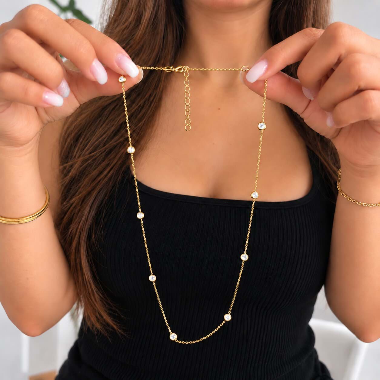925 Ayar Gümüş Sıralı Zirkon Taşlı Sarı Gold Kadın Kolye resmi